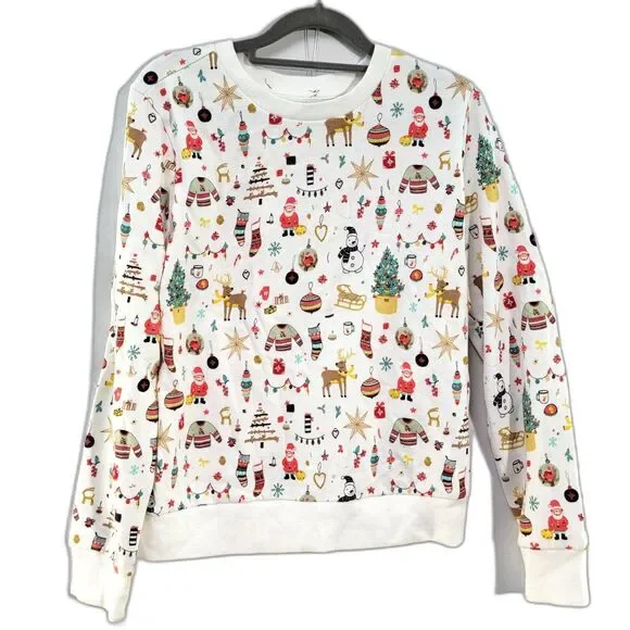 Christmas Style Print Pattern White Sweater Long Sleeves Crew Neck Women's Sz M - Picture 1 of 7